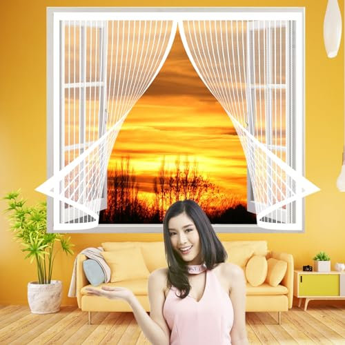 Fliegengitter Fenster 98 x 198 cm, Insektenschutz Klettband Fliegengitter Fenster mit Klettband, Klebmontage Ohne Bohren für Alle Fenster, Weiß