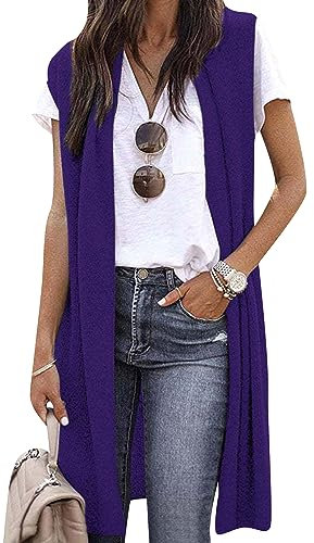 OMZIN Donna Cardigan Leggero Senza Maniche Unita Lungo Aperto Davanti Gilet Tunica Cappotto Viola XL