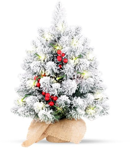 SHAVINGFUN 50CM Pre-Lit Christmas Tree Snow Flocked - Mini Tabletop Christmas Tree with 2M LED Lights,Cement Base Christmas Table Decoration,75 Branch Tips Desktop Christmas Tree