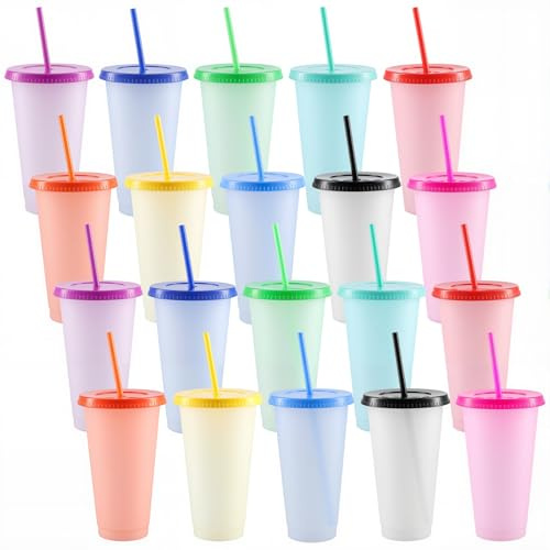HEIHAK 20 Pack 24oz Color Plastic Cups with Lids and Straws, Colour Changing Cups Reusable Beverage Cup for Party, Milk Tea Shop, Daily Drinking Water Use