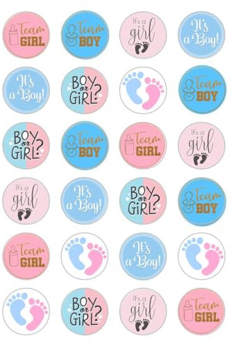 24 x Gender reveal edible rice wafer paper cupcake toppers cake decorations boy or girl he or she celebration