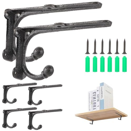 YAYODS Lot de 6 supports d'étagères murales vintage en fonte avec crochets pour porte-manteau, 15 x 8,5 cm, avec vis pour économiser de l'espace