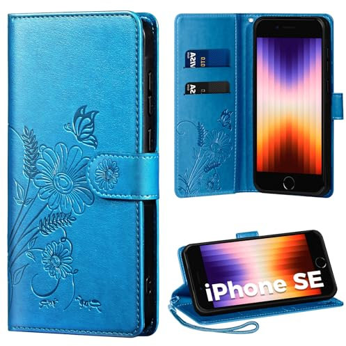 Handyhülle für iPhone SE/7/8 Hülle, Schutzhülle für iPhone SE 2022 PU Lederhülle Tasche Flip Case Kartensteckplätzen Klapphülle Kompatibel mit iPhone SE 2020 Hülle, Blau