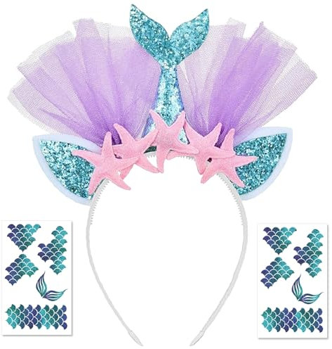 BOYATONG Meerjungfrau Haarreif Meerjungfrau Kostüm Damen Mädchen, Haarreif Karneval Meerjungfrau mit 2 Blätter Meerjungfrau Gesichtstattoo Karneval, Faschingskostüme Damen Meerjungfrau Accessoires