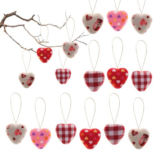 Fumwase Baumschmuck, 30 Stück, Stoffherz, Hängende Herz-Ornamente für Valentinstag, Hochzeit, Jahrestag, Party, Rot, 7,6 cm, 6 Stile, Unique Styles (Plaid & Heart Motifs), Schaumstoff, Stoff