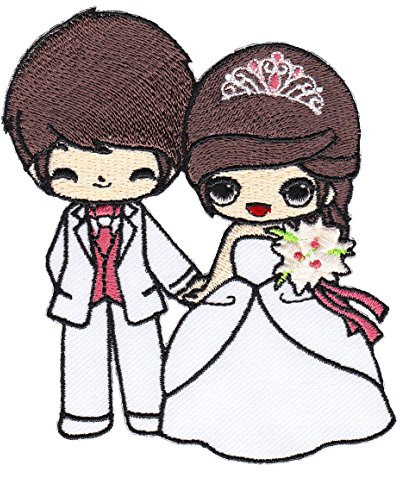 Brautpaar Hochzeit Weißes Brautkleid Aufnäher zum aufbügeln oder aufnähen Bügelbild Aufbügler für Kleidung gestickter Bügelpatch Applikation Patch Größe 7,8 x 9,0 cm