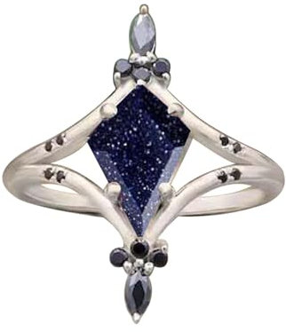 Kite Shaped Blue Sunstone Engagement Ring For Bridal Proposal Gift Art Deco Designer Ring Gold Black Onyx Gemstone Ring Solid 925 Sterling Silver Elegant Blue Sunstone Ring Stackable Ring