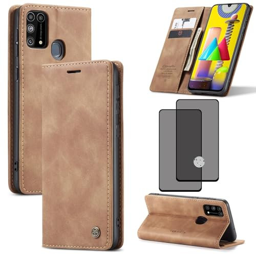 ZKGCG Kompatibel mit Samsung Galaxy M31 Handyhülle[Braun]+3D Tempered Glass/Leder Schutzhülle Wallet Klapphülle RFID Kartenfach Hülle Stoßfeste Bumper Ständer Phone Case Cover-2020