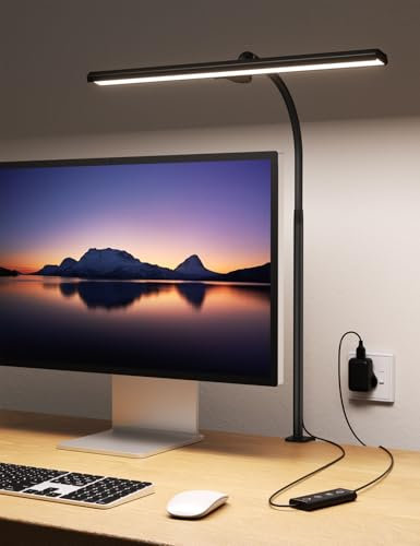 Kary LED Desk Lamp with Clamp, 15.7 Wide Desk Lamps for Office, Table Desk Light, Eye-Caring 5 Level Brightness & Color, Architect Lamp for Working,Reading,Crafting,Study, Black