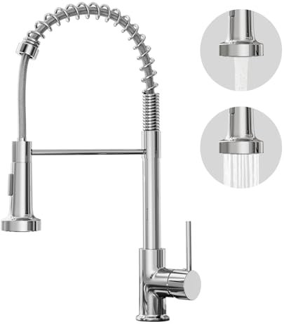 BESy Polished Chrome Kitchen Sink Tap, 2 Function Kitchen Sink Mixer Taps with Pull Out Spray, Brass High-Arc 360° Swivel Single Handle Spring Rv Taps