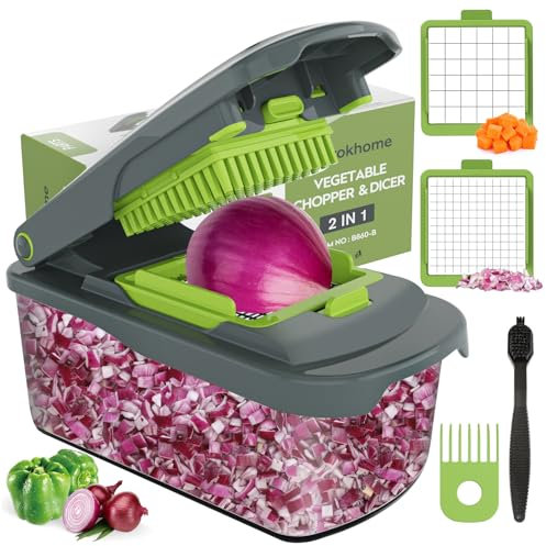 Ourokhome Vegetable Chopper Onion Cutter with Container, Multifunctional Food Chopper Veggie Dicer with 2 Blades for Carrot, Potato, Tomato, Essential Kitchen Gadgets (2 in 1, Gray)