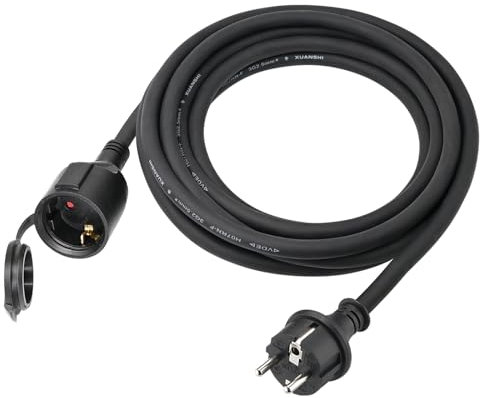 XUANSHI Outdoor Verlängerungskabel 10m mit Schutzkappe H07RN-F 3G 2,5 mm² Gummi Strom Verlängerung Kabel für Außenbereich Baustellenkabel Stromkabel außen mit Schuko Stecker, 3500W, 16A 250V, Schwarz