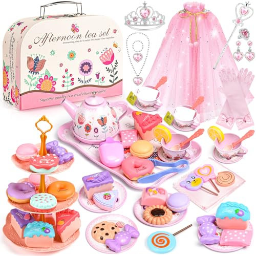Teeservice Kinder Spielküche Zubehör: Prinzessin Teeparty Spielzeug mit Dessert, Tüllkleid & Krone – 63-teiliges Mädchen Spielzeug für Rollenspiele, Kinderküche Zubehör, Geburtstagsgeschenk ab 3 Jahre