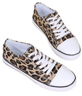 Women's Ladies Girls Canvas Low Top Lace Up Trainers Sneakers Pumps Plimsolls Size UK 3-8 (Leopard, UK Footwear Size System, Adult, Women, Numeric, Medium, 8)