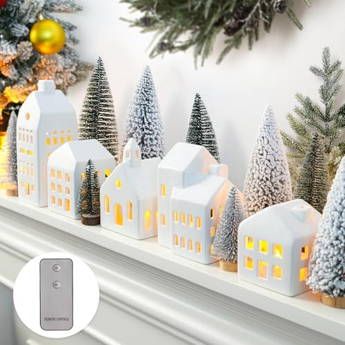 Weihnachtsdekoration für den Innenbereich, 5 beleuchtete | Dekorative Bäume mit Fernbedienung, warmes, leuchtendes LED-Licht, rustikale Bauernhaus-Dekoration für Kaminsims, Tischregal