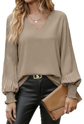 YUTILA Damen Bluse mit Plisseeärmeln, Langarm V-Ausschnitt Chiffon | Lockere Laternenärmel, Fein, Leicht, Elegant, Vielseitig kombinierbar mit Jeans oder Bürohose Für Büro & Alltag