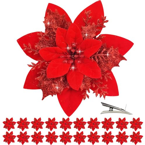 NINESPRING 20 Pièces Fleurs de Noël Clignotant Poinsettia Artificiel Fleurs Arbre de Noël Ornements avec Clips pour Guirlande, Couronne, Mariage- Rouge