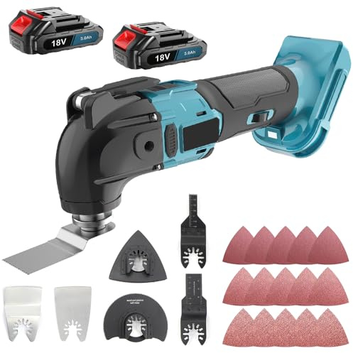 Multifunktionswerkzeug Akku mit 2X 3.0Ah Akkus, Multitool Akku Oszillationswerkzeug mit 22 Zubehör, 4°Oszillationswinkel & 6-Gang 20000RPM, Multifunktionstool zum Schneiden Schleifen Polieren