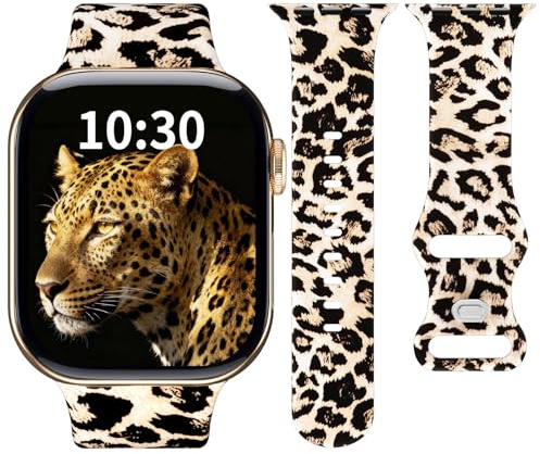 Micnkifo Sport Armband Kompatibel mit Apple Watch Armband 38mm 40mm 42mm 44mm 46mm 49mm, Silikon Bunte Gedruckte Leopard Muster Weihnachten Armband für iWatch Series 11 10 9 8 7 6 5 4 SE Ultra 3 2 1