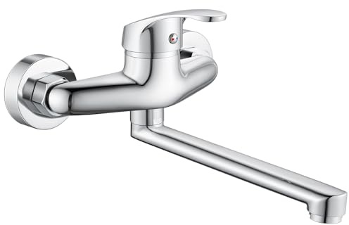 Wasserhahn Küche Wandmontage, 360° Drehbar, Schwenkarm 230mm | Wasserhahn Mischbatterie Küche Wandarmatur, Einhebelmischer, Warmes und Kaltes Wasser, Wandmontage, Verchromt
