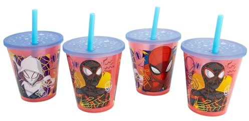 Stor 4er Set Kinderbecher mit Strohhalm Spider-Man 285ml Wiederverwendbar PP Kunststoff BPA Frei Party Geschirr