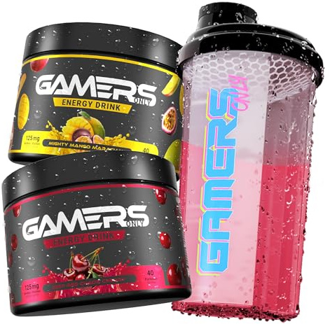 Gamers Only Gaming Booster Starter Set Mighty Mango Maracuja & Deep Red Chaos Cherry [MIT KOFFEIN & ZERO ZUCKER ] mit Shaker | Erhöht die Reaktionen | 125MG Koffein & L-Tyrosin & Vitaminen