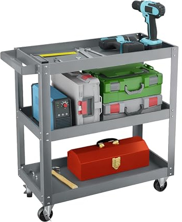 Relaxdays Werkstattwagen, Werkzeugwagen mit 3 Ebenen, grau | mobiler Montagewagen, bis 100 kg belastbar, HBT: 76x78x35 cm