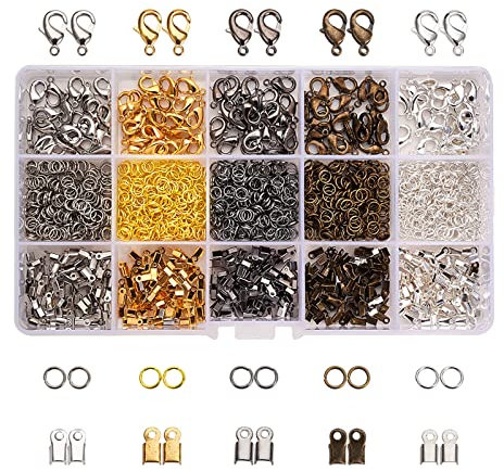 PH PandaHall 1800 Pcs Jewelry Finding Kits, 5 Colors Cord Ends Lobster Claw Clasps 5mm Jump Rings for Earring Bracelet Necklace Pendants Jewelry DIY Craft Making, 24 Styles/Set