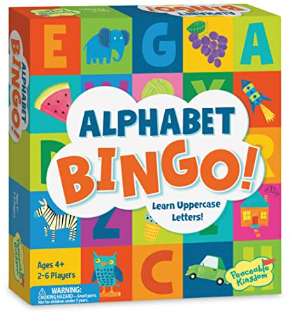 Peaceable Kingdom Alphabet Bingo! Letter Learning Game for Kids | Teach letters and sounds with a bingo twist—6 boards, 26 letter tokens and 72 chips. Educational fun for ages 4+