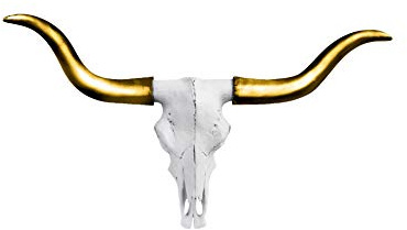Künstliche Texas Longhorn-Wandaufhängung von Wall Charmers, Wanddekoration, rustikaler Bullenschädel, White + Gold Horns, Large