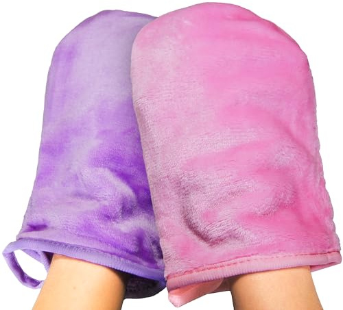Two Plush Microfiber Washcloths/Cleaning/Makeup Removal Mittens, Ultra Soft Thick (8x5, Pink, Lavender) 2 pcs