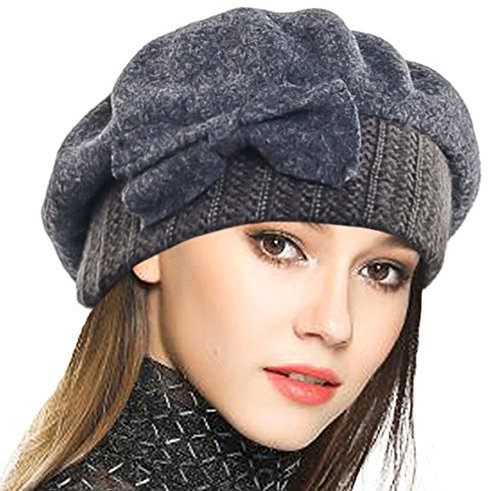 VECRY Frauen Barette 100% Wolle Baskenmütze Kleid Mütze Wintermütze (Grau)