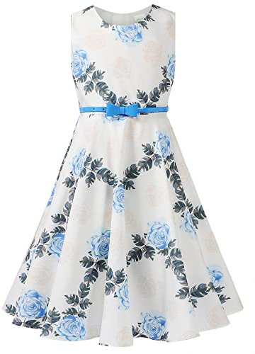 BONNY BILLY Robe Fille Fleurs Rétro Vintage Cérémonie Mariage Princesse Été sans Manches avec Ceinture 11-12 Ans Fleur Bleu