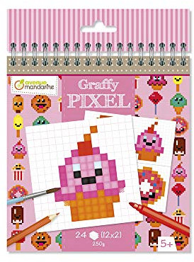 My Mandarine GY099C Graffy Pixel, Spiralblock zum Ausmalen, 250g Zeichenpapier mit je 12 Motiven x 2, ideal für Kinder ab 5 Jahren, 1 Stück, Leckerbissen kawaï Kawaii Leckereien