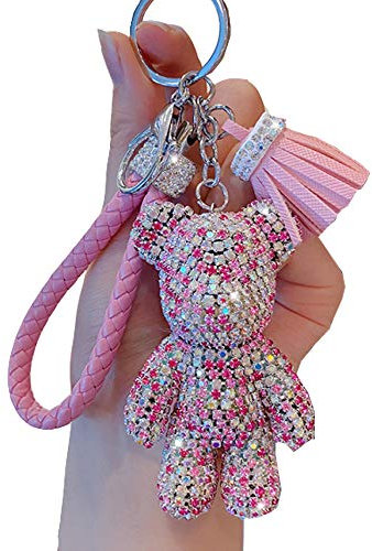 Ojexus Porte-clés tendance en cuir avec pendentif en forme d'ours en peluche et strass - Accessoire de voiture, rose, Medium