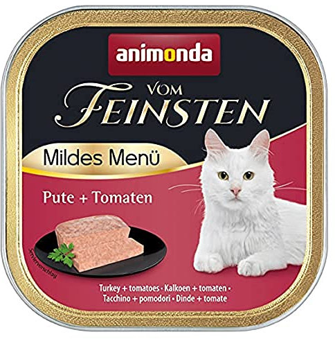 animonda vom Feinsten Mildes Menü Pute + Tomaten (32 x 100g), getreidefreies Katzenfutter nass ohne Zucker, leicht verdauliches Katzenfutter mit Putenfleisch