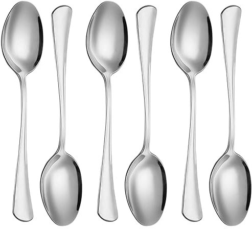 AEX Cucchiai da tavola di alta qualità, set di 6 cucchiai in acciaio inox, bordo rotondo e lucidati a specchio, lavabili in lavastoviglie, 20,5 cm, argento