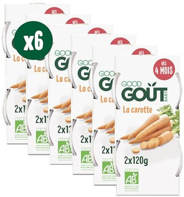 GOOD GOÛT - La Carotte - Plat Cuisiné Pour Bébé - Dès 4 Mois - Purée Lisse - Fabriqué En Bretagne - Bol Micro-Ondable - 2x120g - LOT DE 6