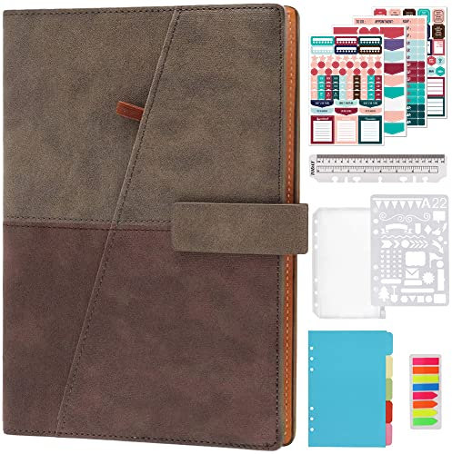 HXRTANGS Loseblatt Nachfüllbares Notizbuch A5, Liniertes Business Organizer Planer mit Stifthalter 160 Seiten, 6 Ring-buch Journal Tagebuch für Männer Frauen Reisende Studenten, Braun