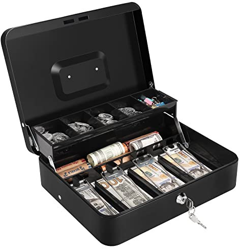 Geldkassette mit Schloss und Geldablage – Große abschließbare Metallbox mit Schlüssel – 30 x 23,9 x 9 cm, Schwarz
