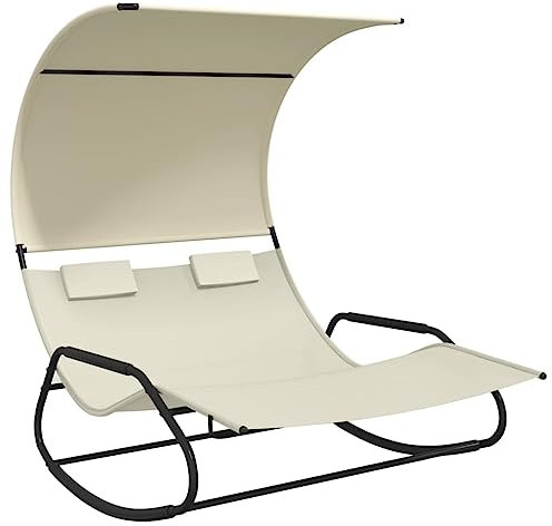vidaXL Tumbona Mecedora Doble con Toldo Reclinable Hamaca Cama de Salón Diván Asiento Jardín Patio Terraza Balcón Muebles Exterior Color Crema