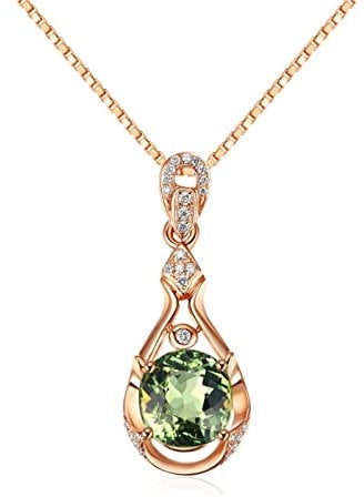 Gualiy Pendant Necklace Rose Gold 18K Teardrop with Diamond and Green Tourmaline 2ct Necklace