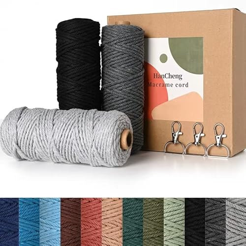 HanCheng 60m x 3mm Makramee Garn Bunt Farbverlauf 3er Set,Farbig Makramee Set mit 3 Schlüsselanhänger—Farbverlauf Grau:Schwarz,Dunkelgrau,Hellgrau
