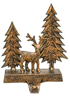 Ivyline Deer Scene Stocking Holder in Antique Brass - Durable Cast Iron - Decorative Festive Mantel Hanger - H19 x W15 cm