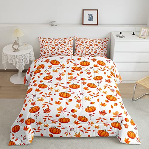 Halloween Kürbis Bettwäsche Frohes Herbst Tröster-Set 135 x 200 Süße Herbstblumen Ahornblätter Bettbezug Thanksgiving Geschenke Daunendecke für Kinder Jungen Mädchen Herbst Zuhause Raumdekoration