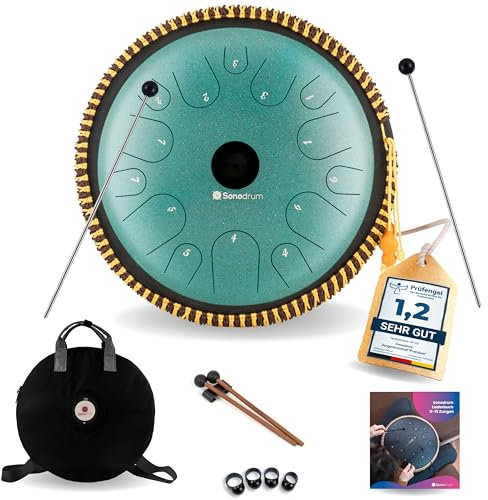 Sonodrum Zungentrommel Exclusive C - Dur in Grün - 38 cm groß mit 14 Tönen - Steel Tongue Drum inkl. Liederbuch, Schlägel, Fingersticks und Tragetasche - Notenlesen nicht nötig, einfach zu spielen.
