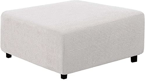 qiden Quadratischer Hockerbezug Stretch-Ottomanenbezug Plüsch, 10% Dicker großer Stretch-Hockerbezug Anti-Rutsch-Fußhocker Schonbezüge mit elastischer Unterseite-Zahn weiß-XL