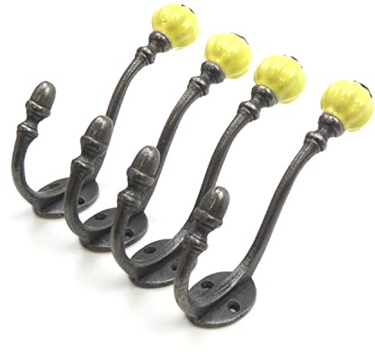 Oakcrafts - Ceramic Tipped Shabby Chic Cast Iron Coat Hook 125mm (Yellow) - Pack of 4 Hooks