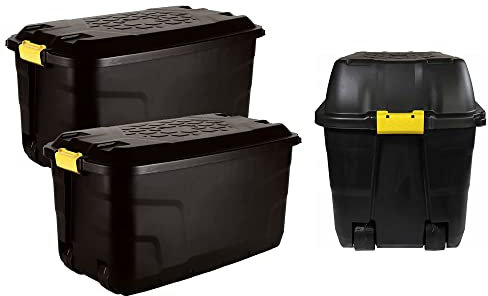 STAR SUPPLIES Heavy Duty Large Black Storage Trunks Ideal For Indoor & Outdoor Use With Lids Wheels & Yellow Handles (175 Litre (WITH WHEELS), 2 Storage Boxes)