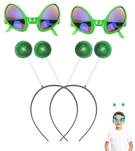 KALUROIL 4 Stück Weltraum-Stirnband Alien-Zubehör-Set 2 Stück Alien-Brillen mit 2 Stück Martian Antenne Stirnband Ball für Partyzubehör